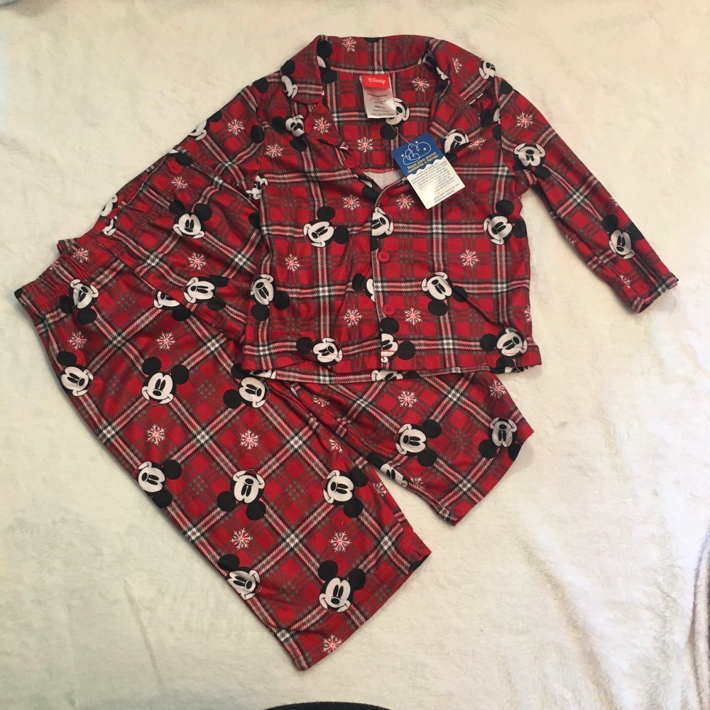 Disney Pajama Set Toddler 2T Red NWT Mickey Mouse Plaid Fleece Button Down 2pc